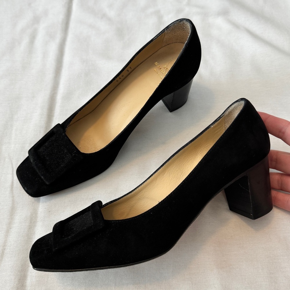 Ann Mashburn 37 (US 7) Black Suede Buckle Pump Heels ~ Career Classic Capsule